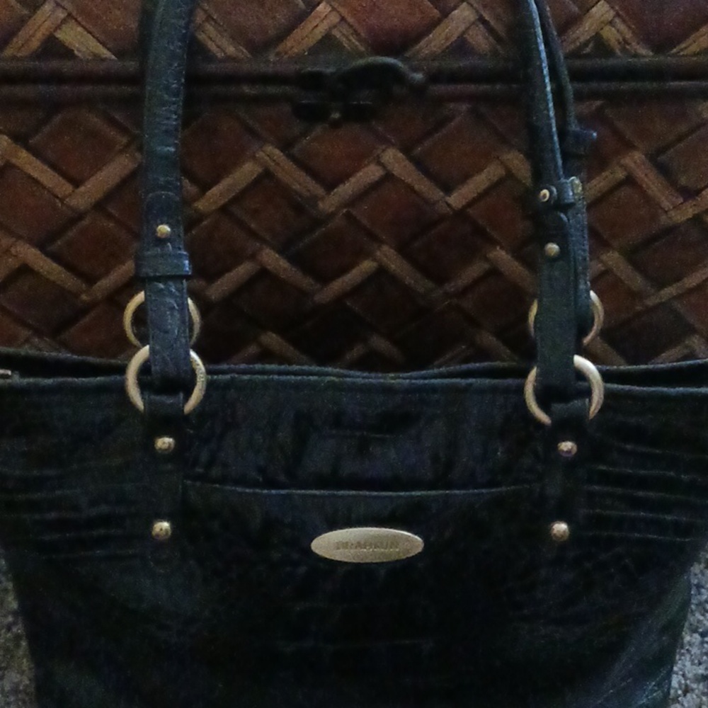 Brahmin Black Croc-Embossed Tote Bag with Gold Hardware